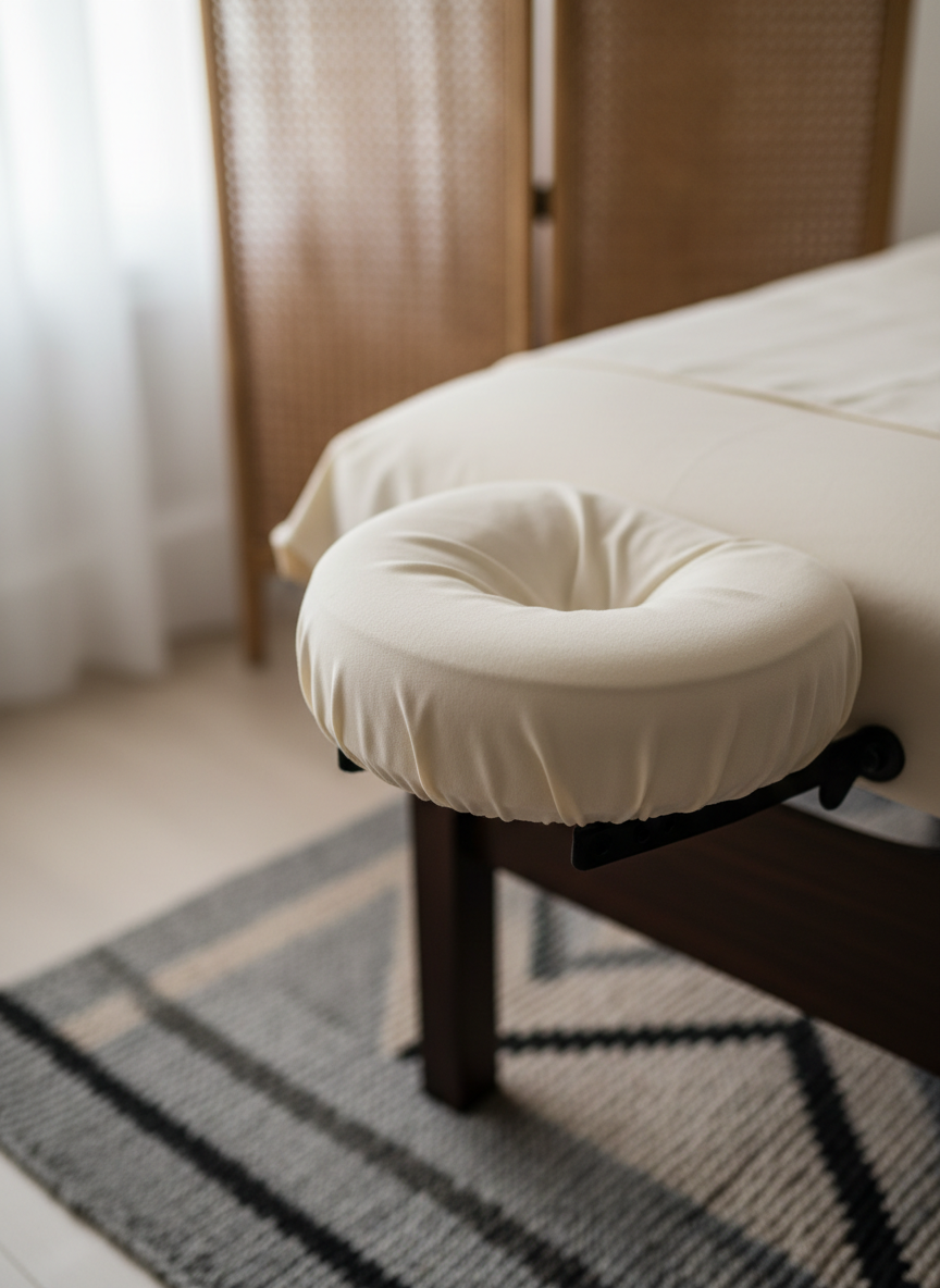 A close-up of a massage table face cradle covered with a pristine, ivory cotton cover that has a fine, sateen sheen. The cradle rests atop a dark espresso-colored table with a subtly grained, satin-matte finish. Beneath, a handwoven rug in muted tones of dove gray, sand, and soft charcoal introduces a complex, tactile pattern. In the softly blurred background, a vertical panel of natural rattan adds organic texture. Gentle, indirect morning light from the side traces the curves of the cradle and catches the weave of the rug. Shot with a macro lens feel, focusing tightly on the interplay of fibers and finishes, the composition suggests comfort, precision, and understated luxury central to the massage experience.