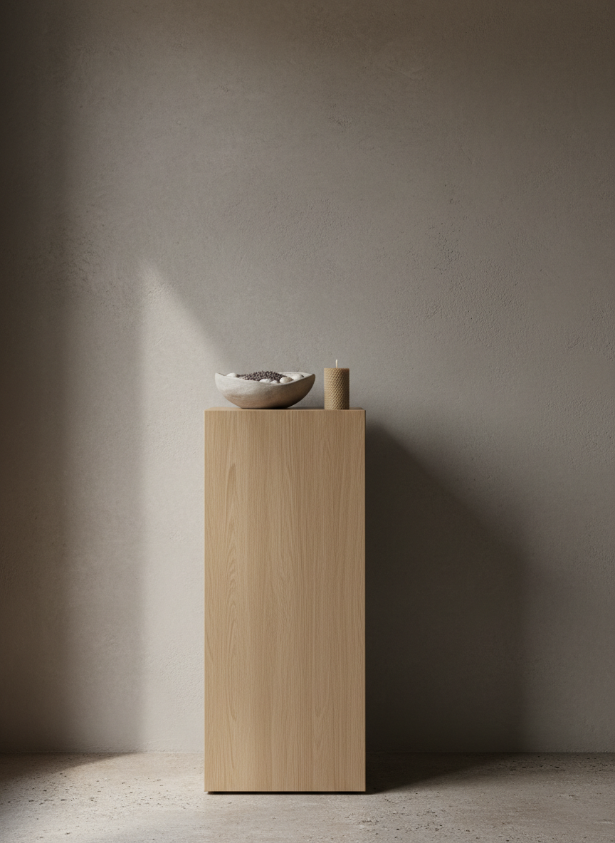 A minimalist vignette of a massage studio entrance: a tall, narrow console table in pale oak with a smooth, brushed texture stands against a subtly plastered wall in muted stone-gray. On the table rests a heavy, hand-thrown ceramic bowl filled with dried lavender buds and pale, smooth pebbles, alongside a single beeswax pillar candle with a velvety surface, unlit. The floor below is textured concrete with gentle mottling. Soft, indirect natural light from an unseen window grazes the wall, revealing its tactile surface and casting elongated, delicate shadows. Composed with generous negative space and a rule-of-thirds framing, the image feels calm, refined, and architectural, emphasizing materiality and quiet anticipation before a massage experience.