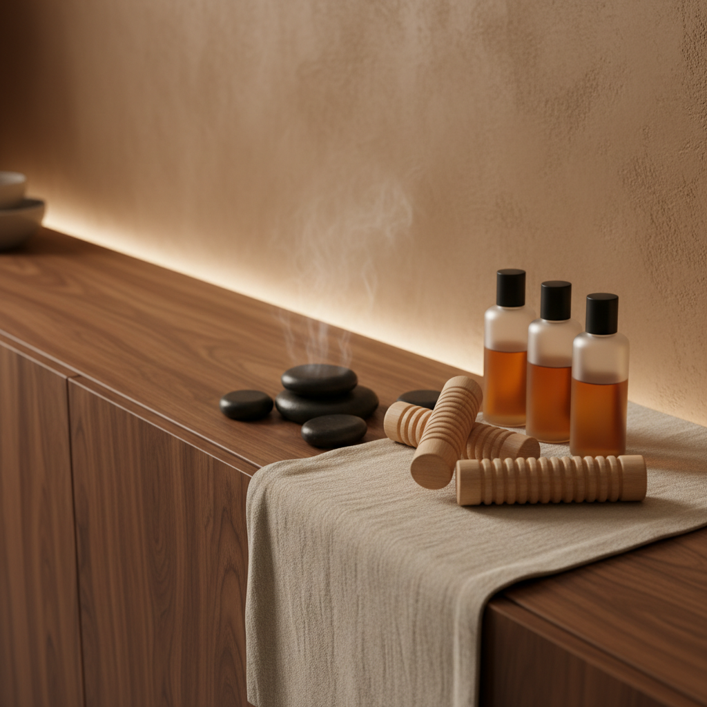 A close-up of an arrangement of massage tools laid out on a low, dark walnut sideboard with a silky grain. There is a set of polished basalt hot stones, a pair of hand-carved wooden massage rollers with fine ridges, and frosted glass bottles of oil with matte black caps. A sand-colored linen runner with a slightly crumpled texture softens the surface. In the background, a textured clay wall in warm mushroom tones catches the faint glow of concealed LED strip lighting, creating a soft gradient. The mood is grounded and luxurious, captured from a slightly elevated angle with focus on the interplay of stone, wood, glass, and fabric textures in a contemporary, sophisticated aesthetic.